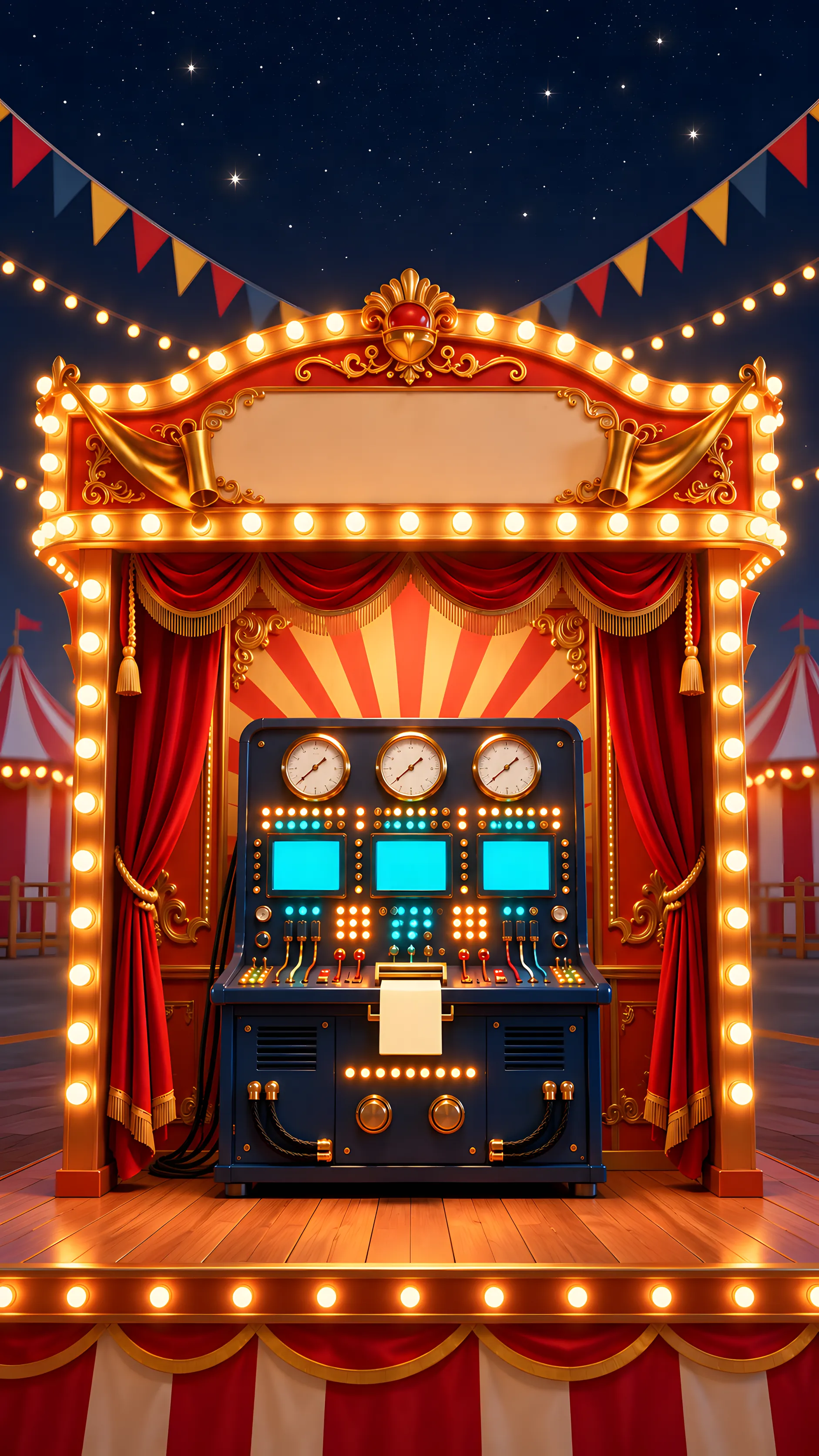 A glowing red and gold carnival booth at night under a starry sky. A navy machine with gauges, teal screens and lights stands between red velvet curtains on a bulb-lit stage.